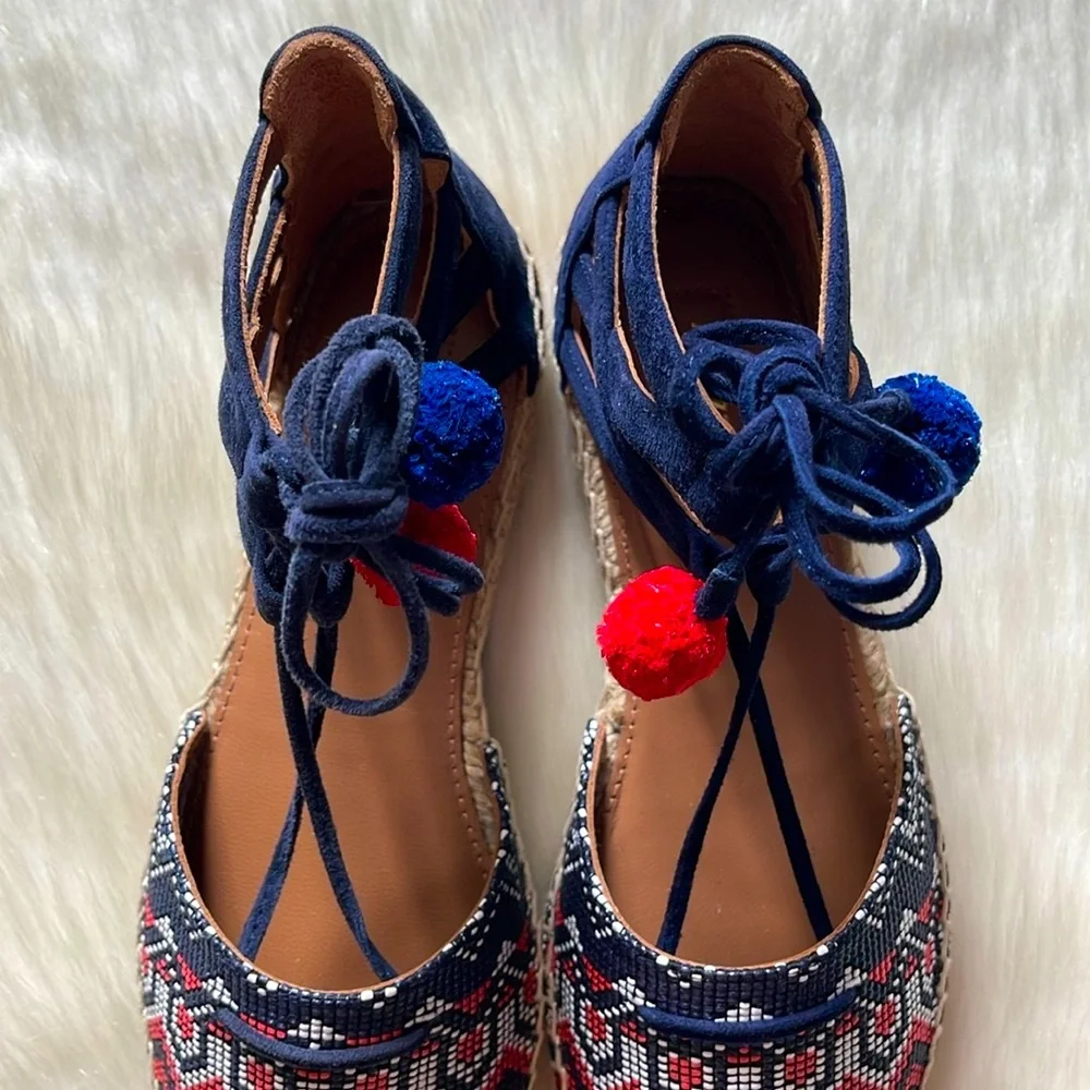 Aquazzura Firenze Belgravia Blue Suede Multicolored Textile Pom-Pom Espadrilles